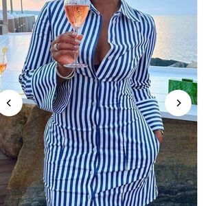Blue and White Striped Button-Up Shirt Dress